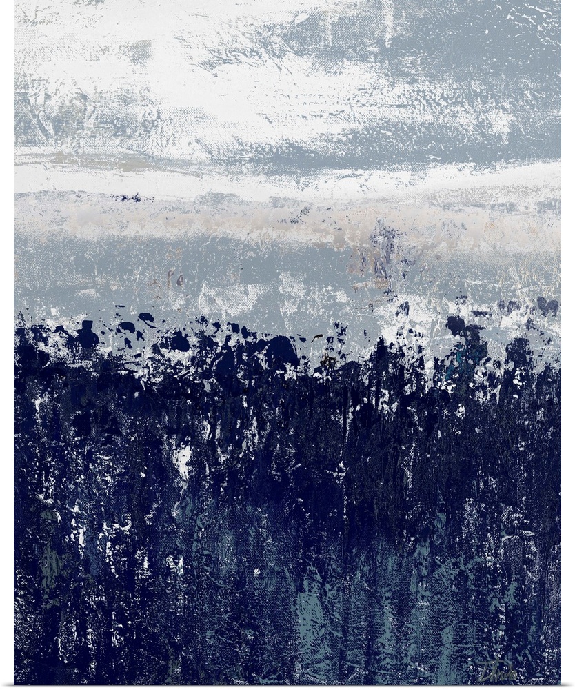 A contemporary abstract painting with blue, gray, and white at the top and a heavy indigo hue at the bottom reaching for t...