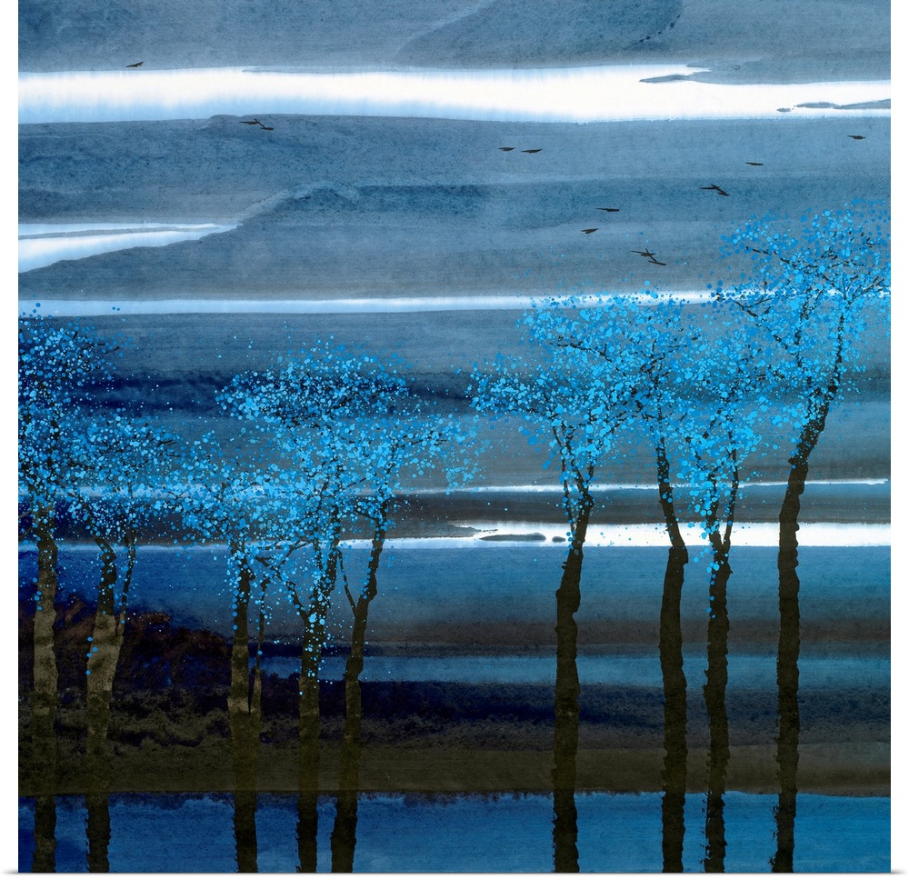 A painting of trees with bright leaves planted along a waterfront with thin layers of clouds in the sky on a square canvas.