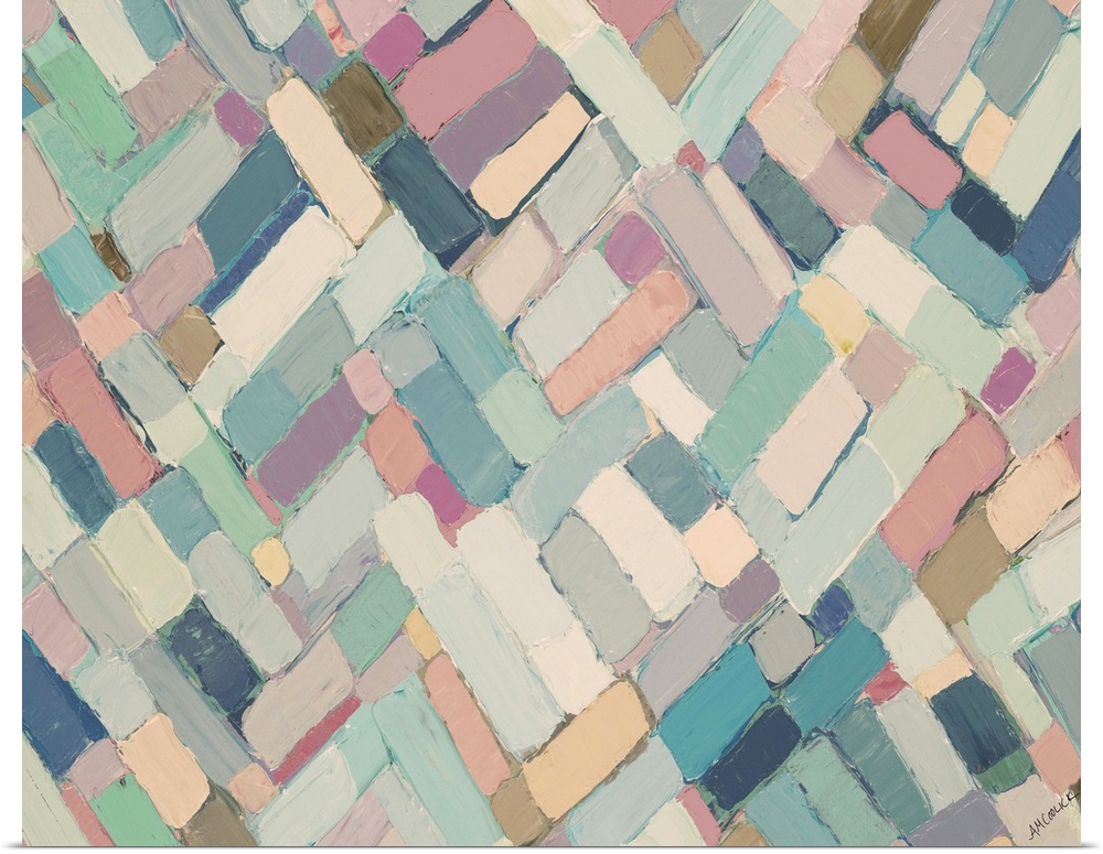 Muted pastel artwork in soft blue and pink shapes.