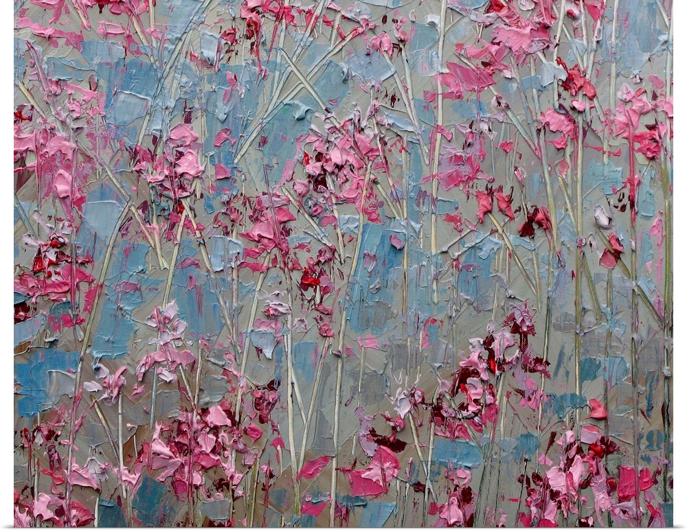 Contemporary abstract painting resembling little red flowers against a blueish background.