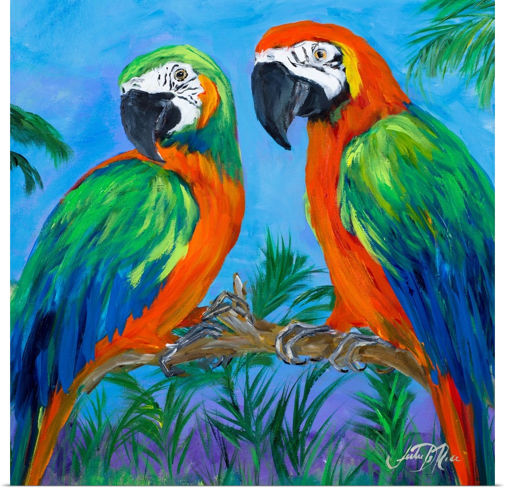 Square contemporary painting of two parrots on a branch surrounded by lush green trees and plants.