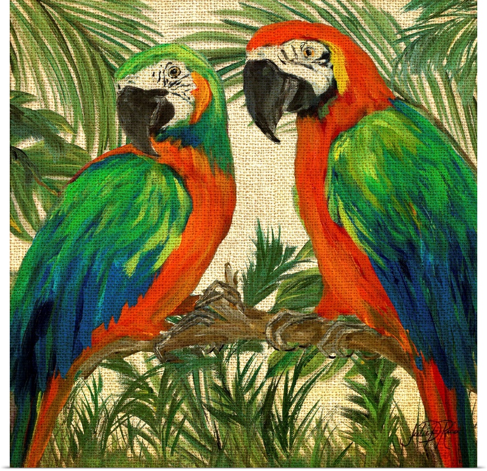 Square contemporary painting of two parrots on a branch surrounded by lush green trees and plants on a burlap textured bac...