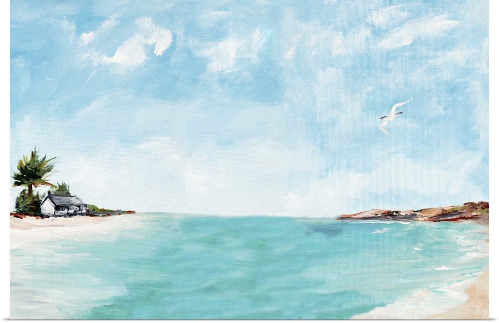 Contemporary painting of an island with a house right on the shore next to the crystal blue ocean water.