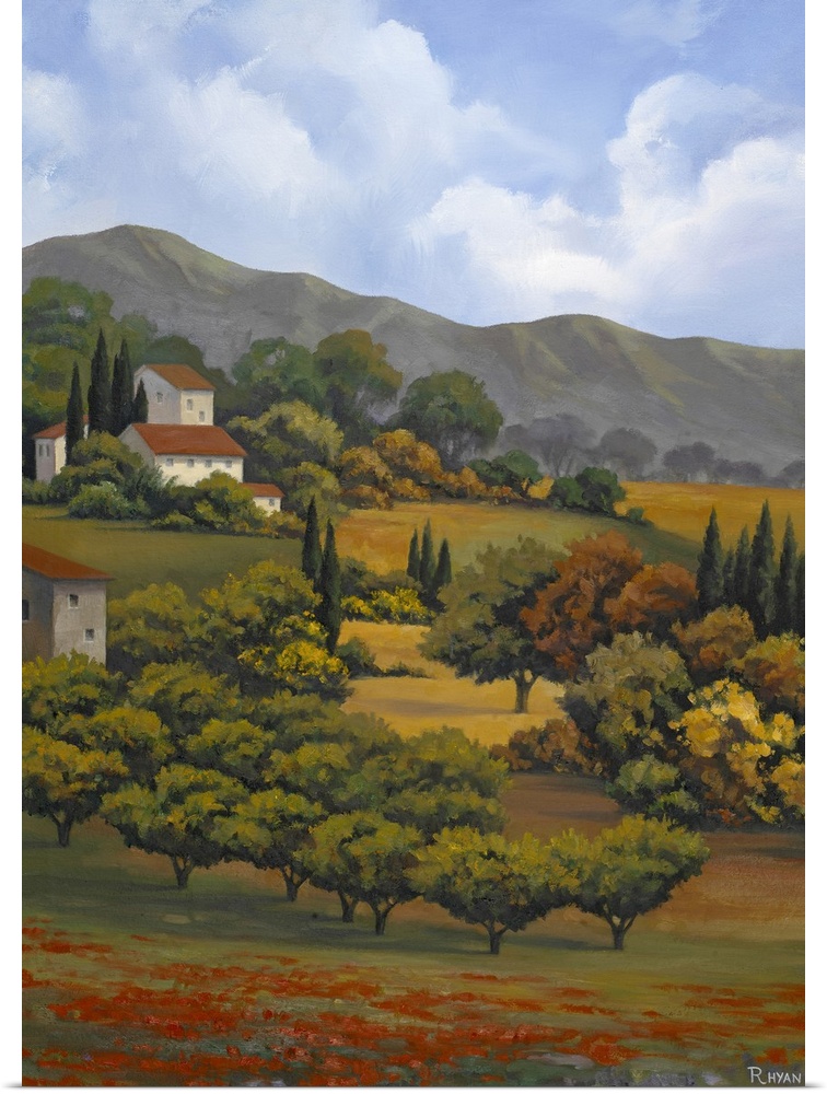 Vertical painting on canvas of a countryside near a village in Italy.
