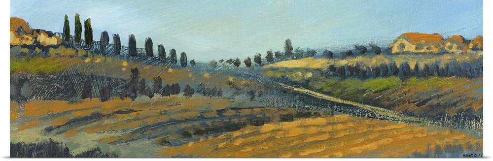 Panoramic painting of countryside with rolling hills with rowed fills lined with tall skinny cypress trees.