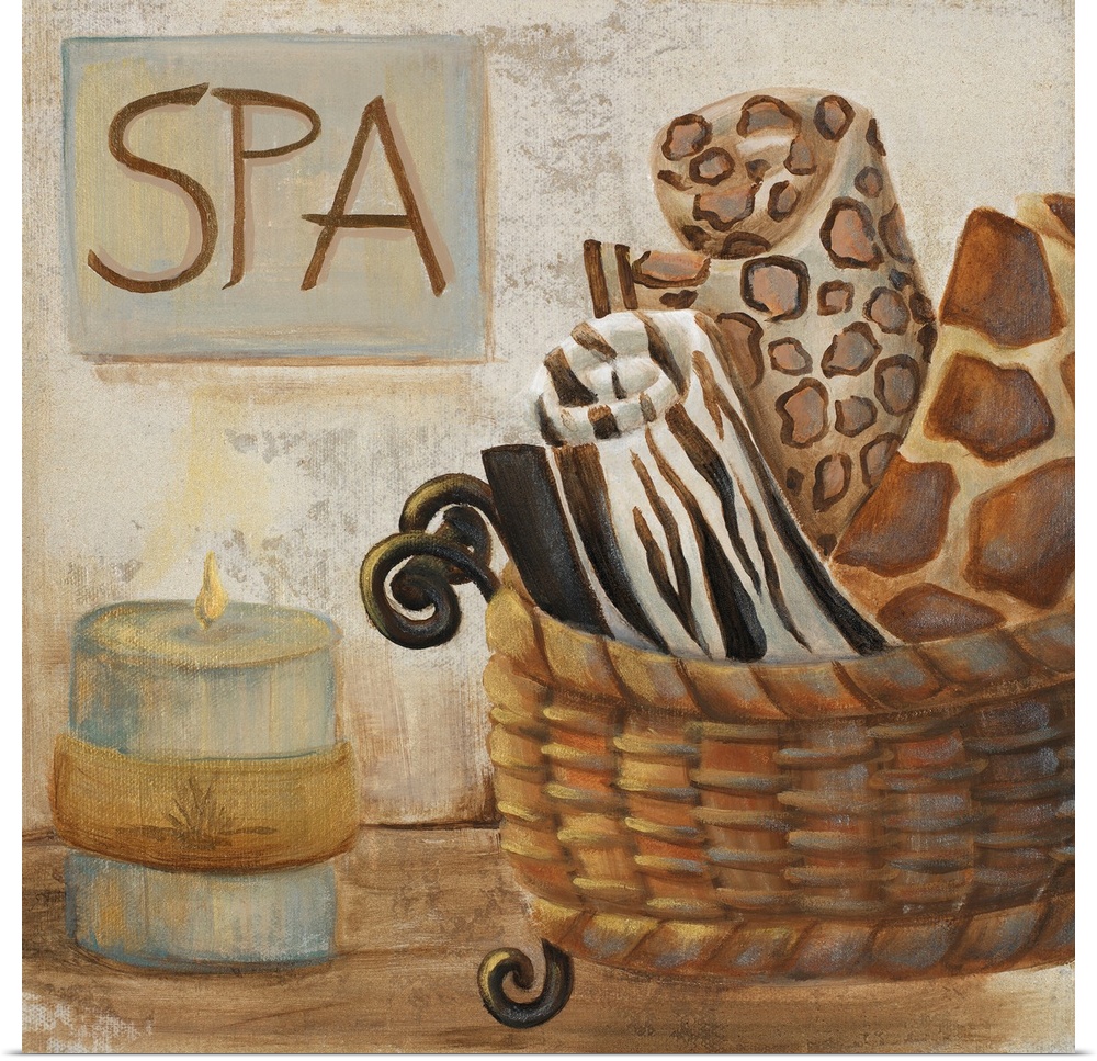 Artwork perfect for the home that has a basket of animal print towels with a candle sitting next to it and a sign just abo...