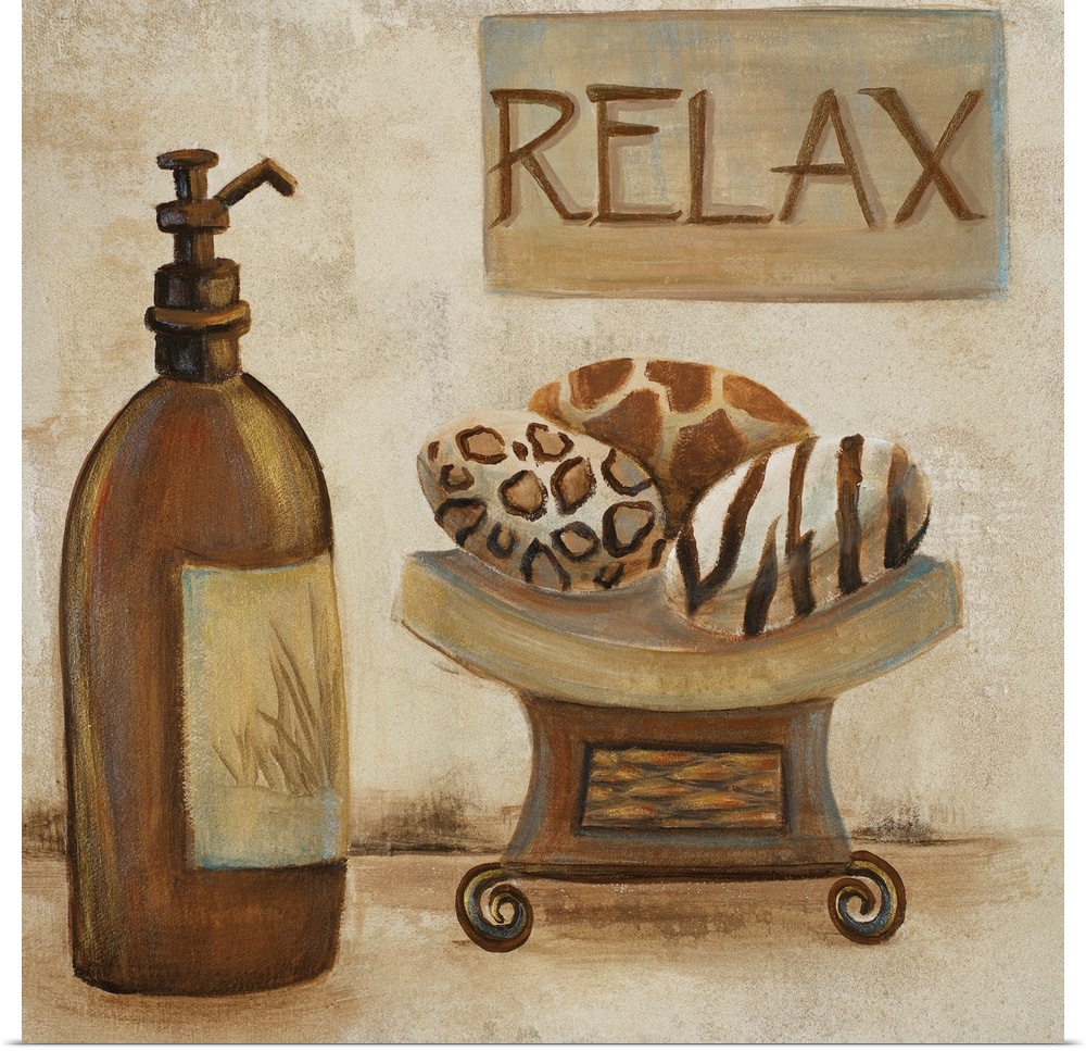 Square painting of a lotion bottle, smooth soap bars and a relax sign on a grungy background.