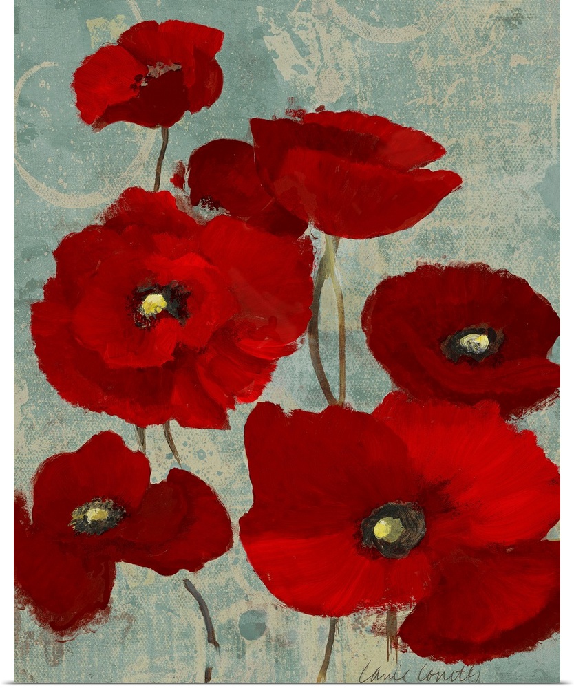 Mixed Media artwork of a bunch of poppy blooms with brilliant red petals on thin stems on a light blue texture.