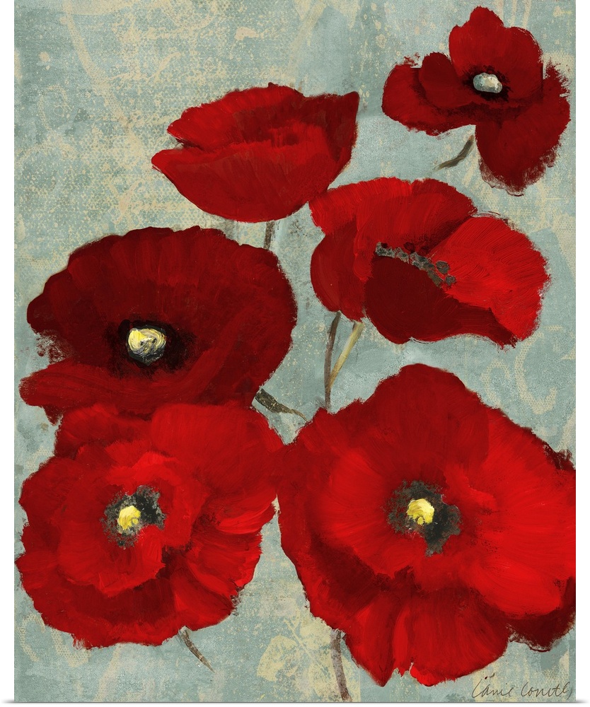 Contemporary art piece of bright red poppy flowers on a textured cool background.