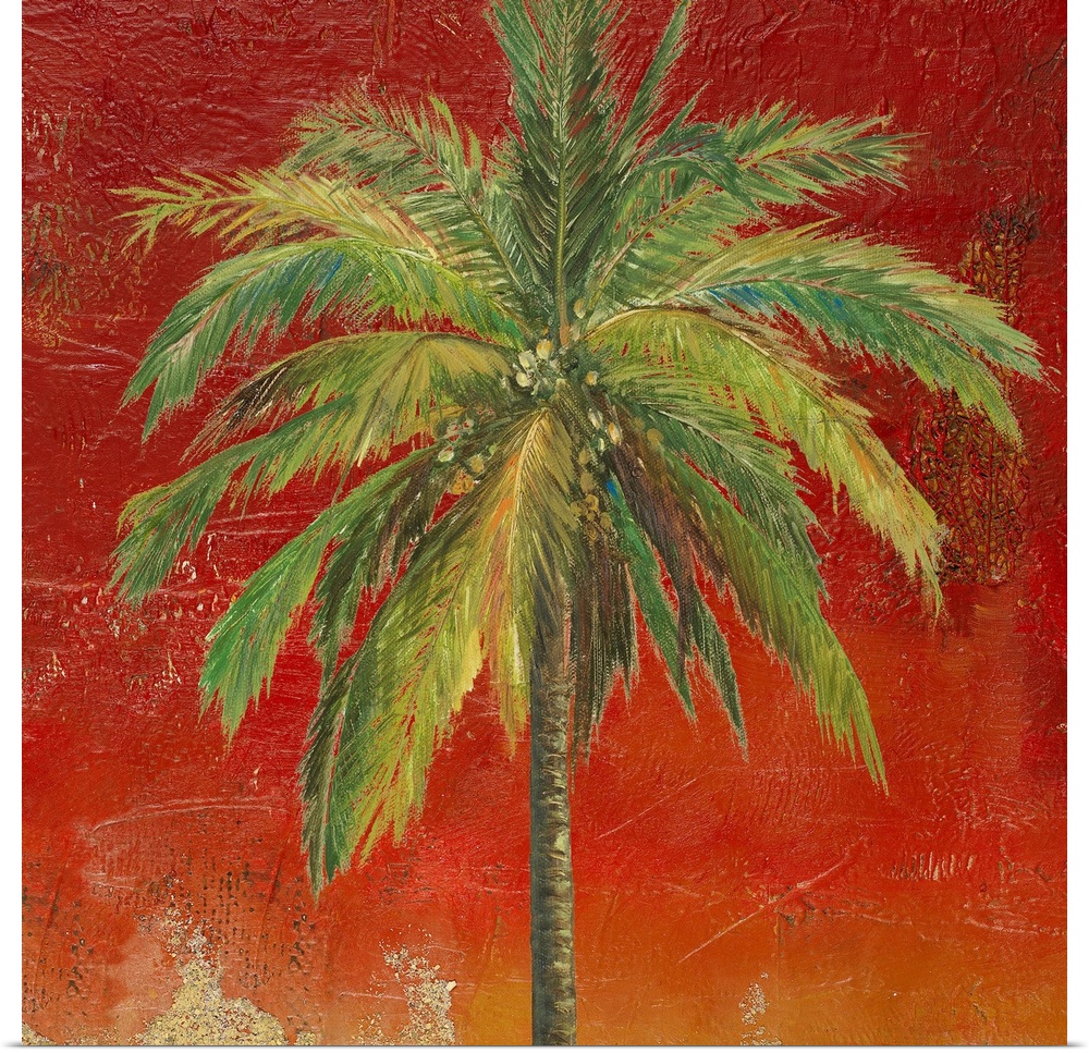 This mixed media art work is a realistic painting of a palm tree against and abstract high textured background.