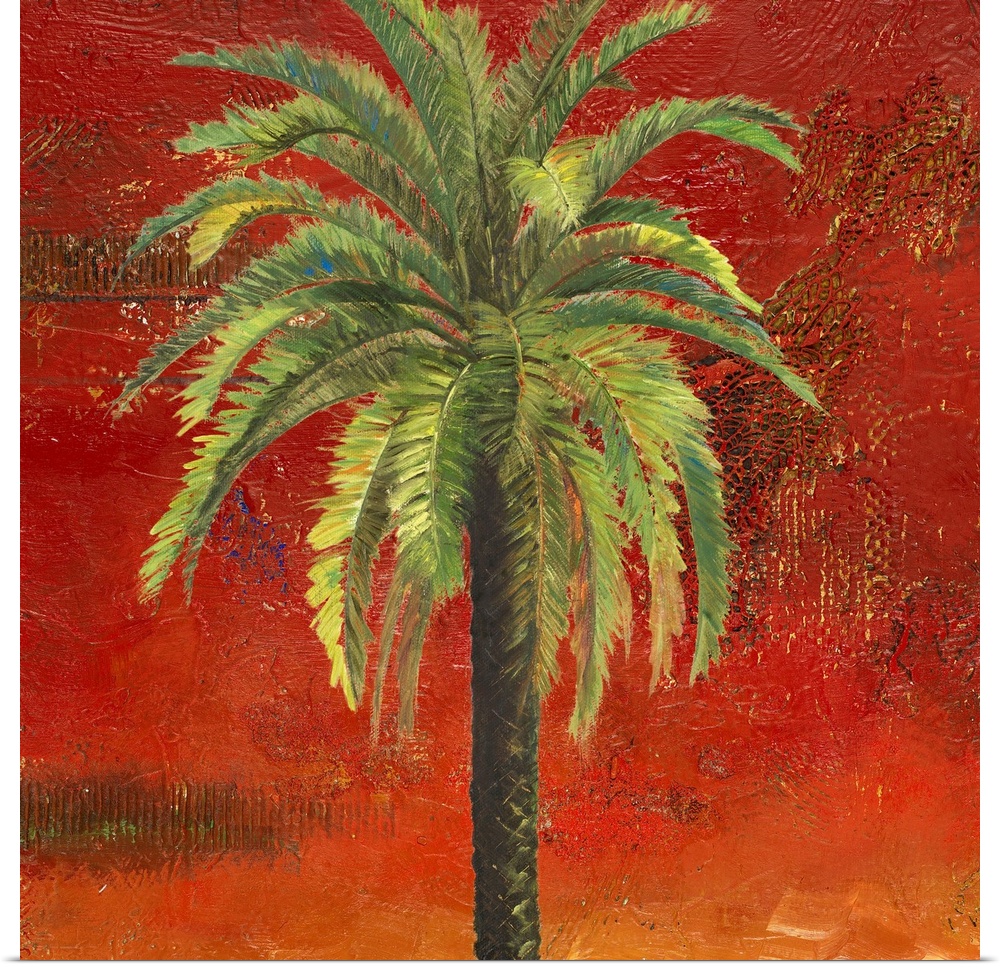 Square painting on canvas of a palm tree with a textured and grungy back drop.