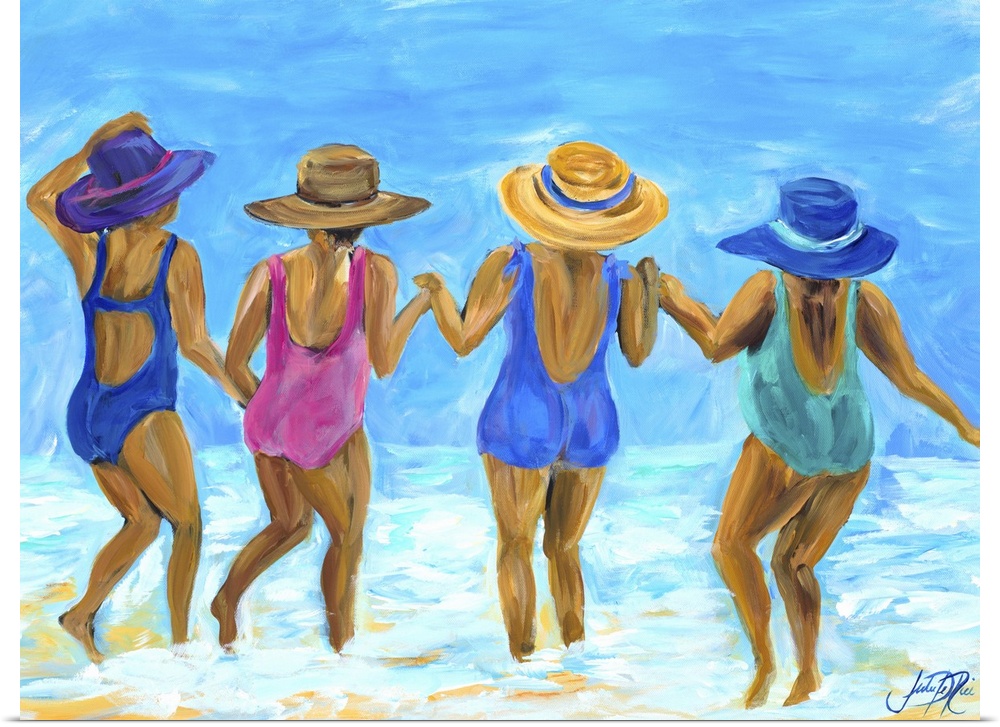 Painting of four ladies in hats and swimsuits playing in the ocean.