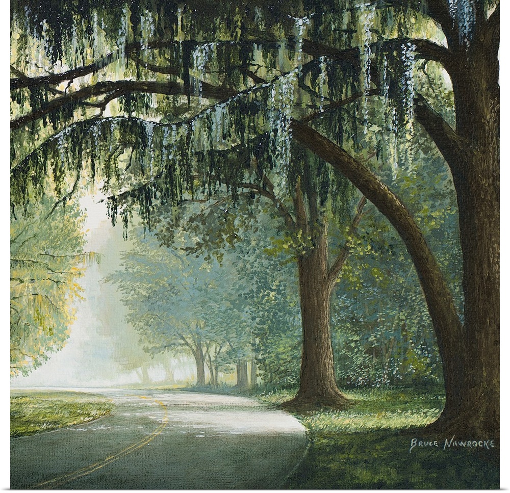 Contemporary painting of a road passing through a shady forest.