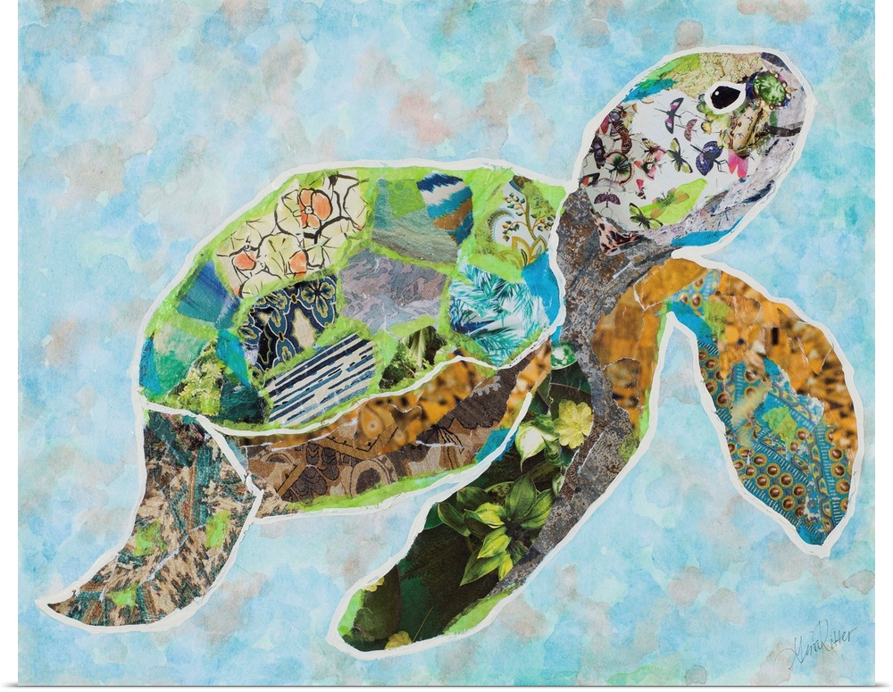 Painting of a crab in green, blue, and yellow, collage style.