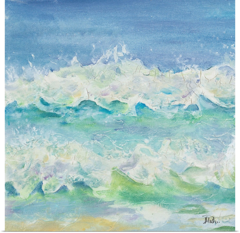 An abstract painting using cool tones to resemble ocean waves.
