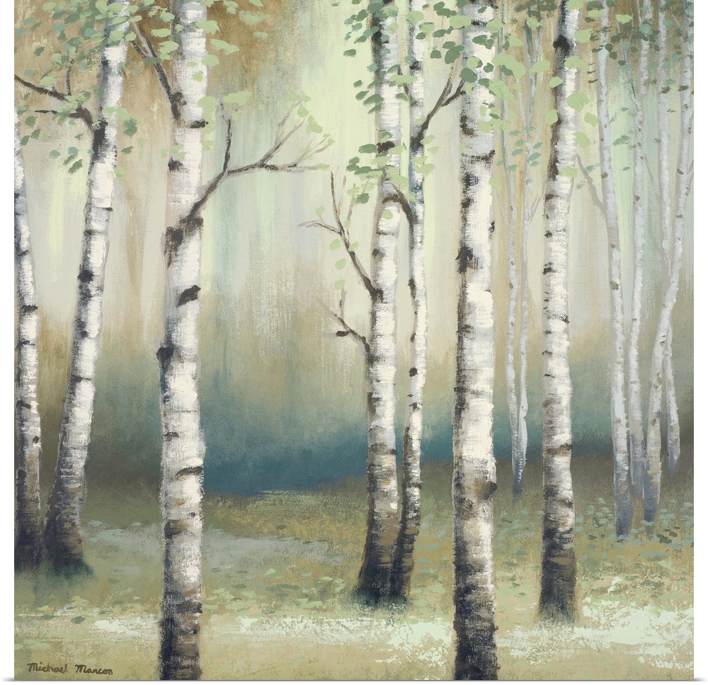 Painting of thin white birch trees in a dark eerie looking forest.