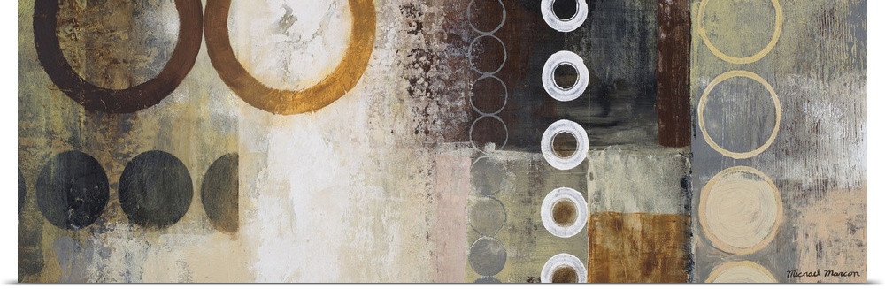 Panoramic abstract painting of different sized circles over top of a grungy background.