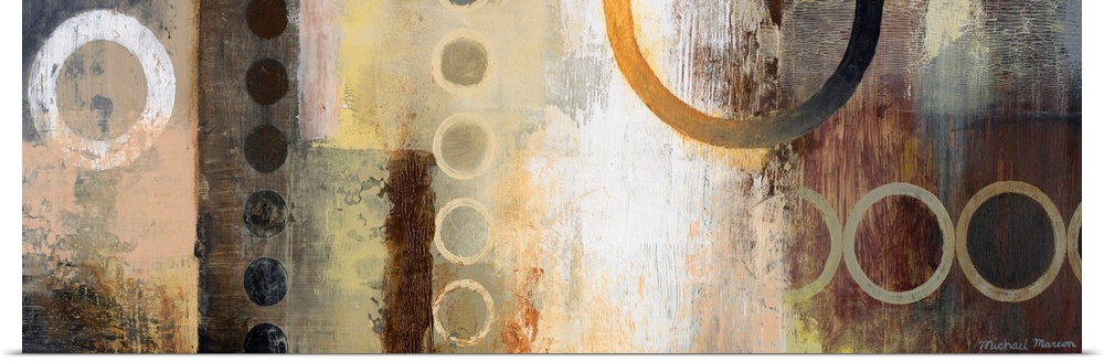 Abstract artwork featuring multiple circular shapes in mostly neutral tones.