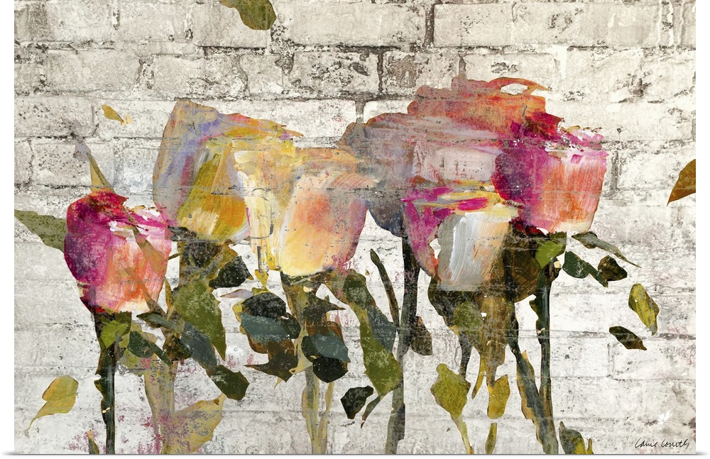 Painting of a group of roses on a white brick background.
