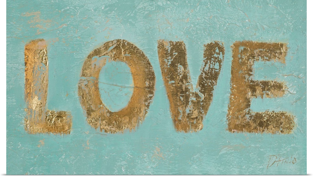 "LOVE" n metallic gold on a teal textured background.
