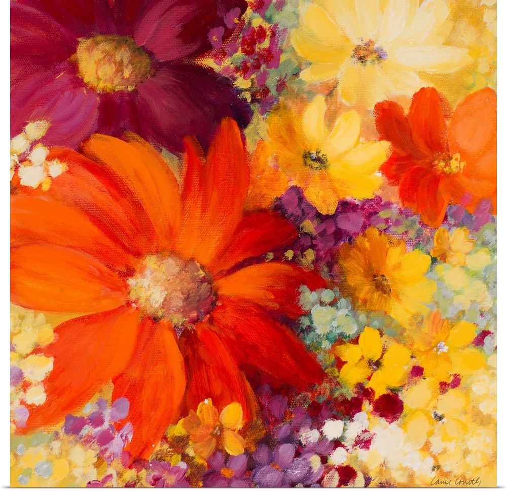 Closeup artwork of a variety of blooming flowers in mostly vibrant tones.
