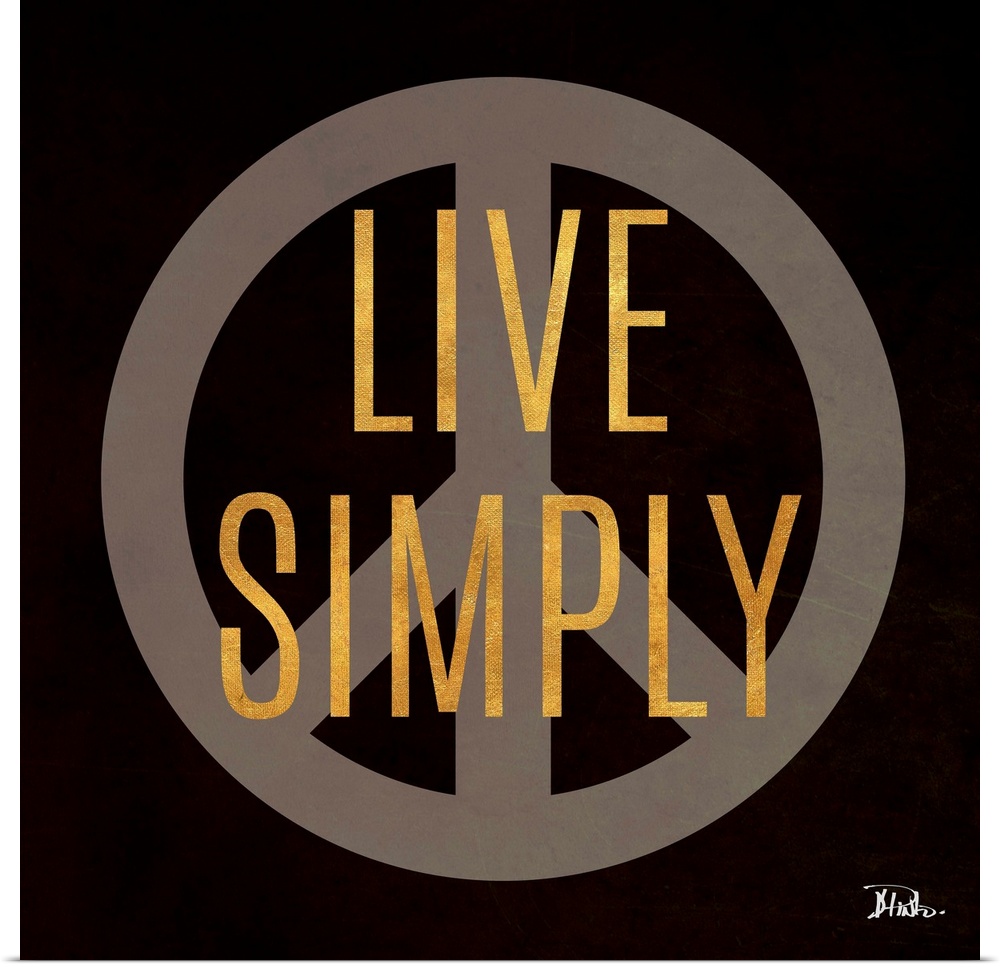 The words "Live Simply" in gold over a peace sign against a black background.