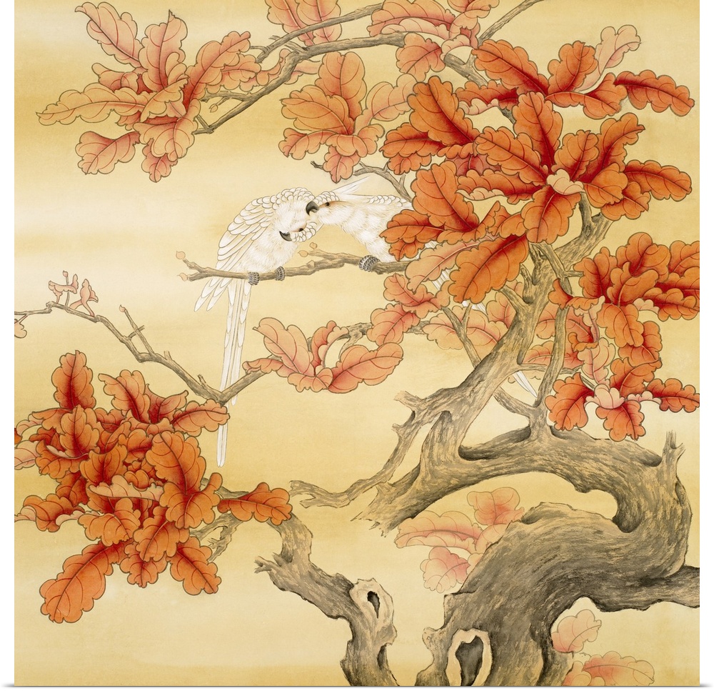 Asian artwork of two parrots preening in a tree with broad fall leaves and knotted branches.