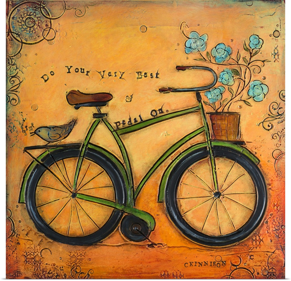 Inspirational sentiment over a painting of a bicycle with flowers in the front basket.