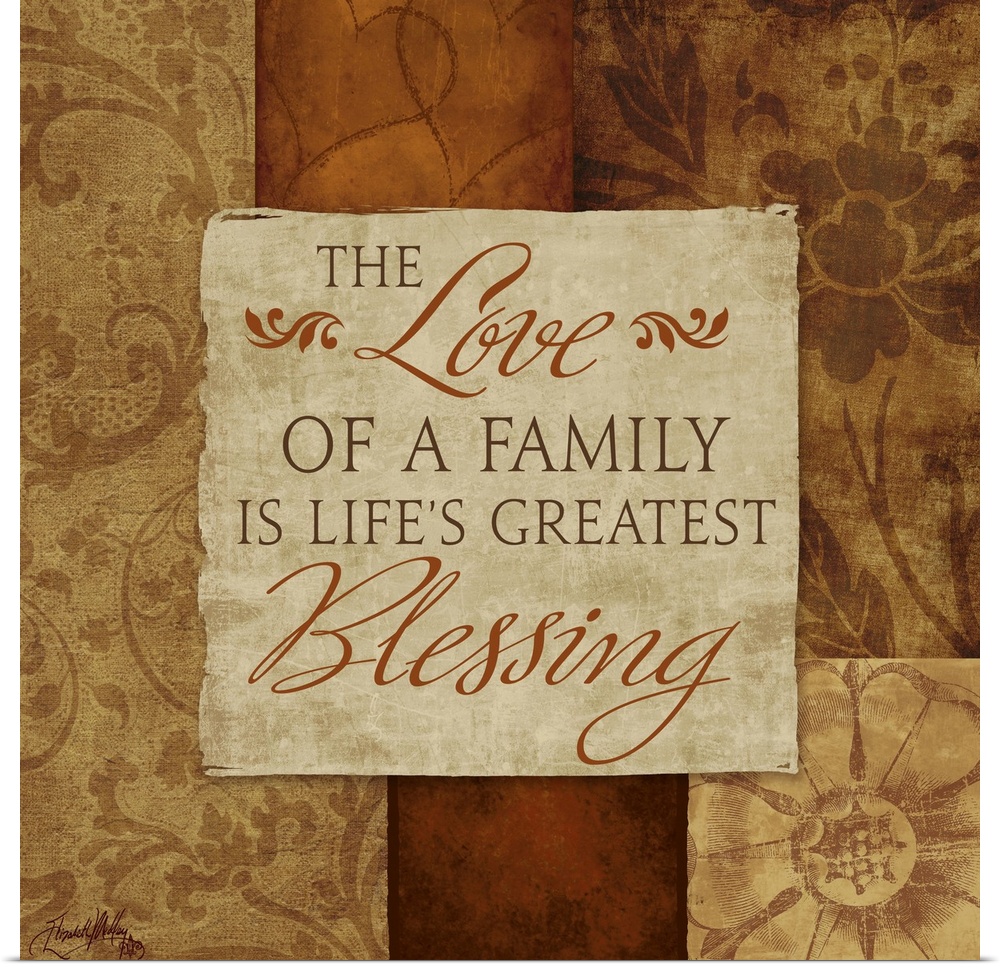 Inspirational artwork of a quote about family surrounded by different designs on neutral color blocks.