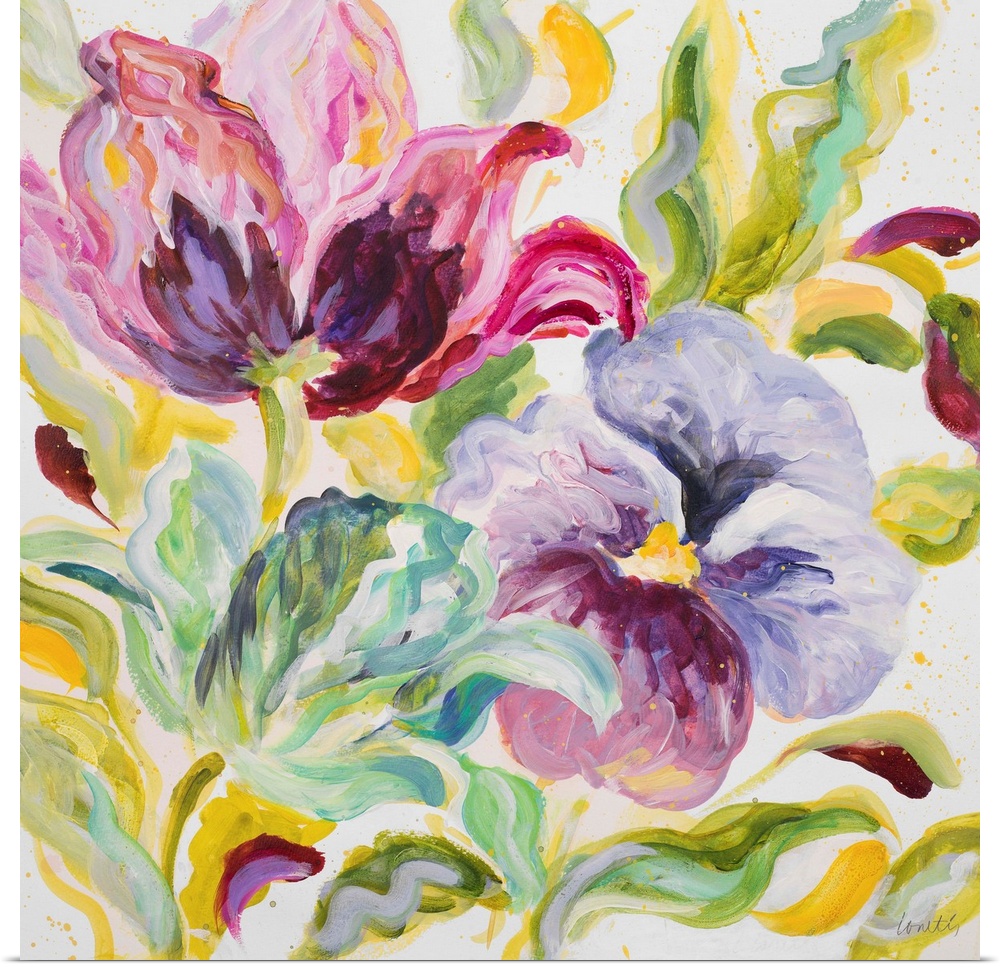 Painting of pansies and other flowers in teal and fuchsia shades.