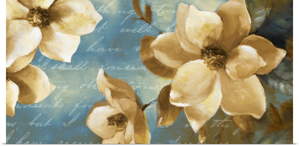 Docor perfect for the home of white magnolias that has delicate cursive text written over the painting.