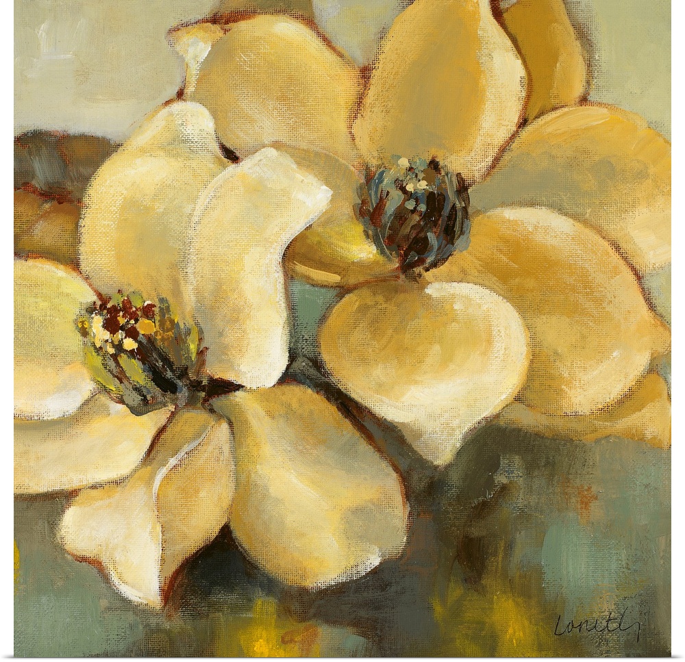 Large wall picture of two magnolia flowers in a mixture of warm and neutral but overall relaxing tones.