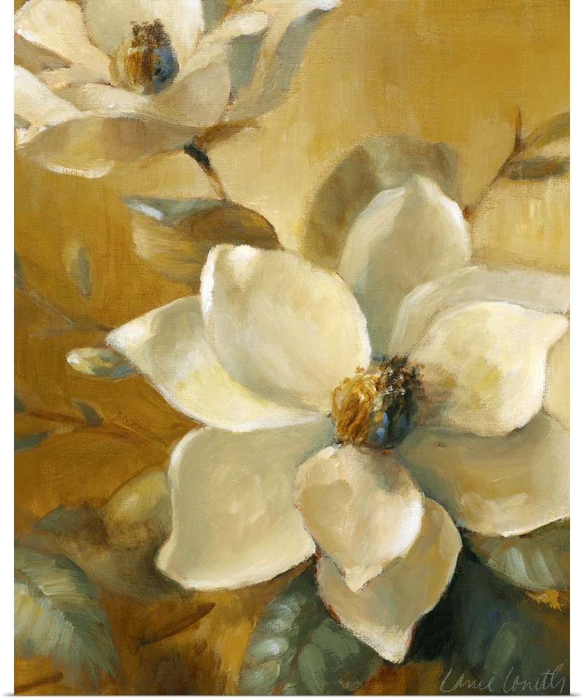 A classic painting perfect for the home of white floras with large bulb centers. The background has a gold coloring to it.