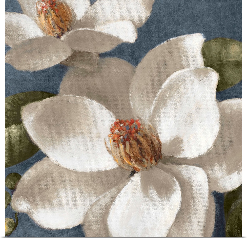 Acrylic painting of two flowers with broad petals in full bloom backed by rounded leaves.