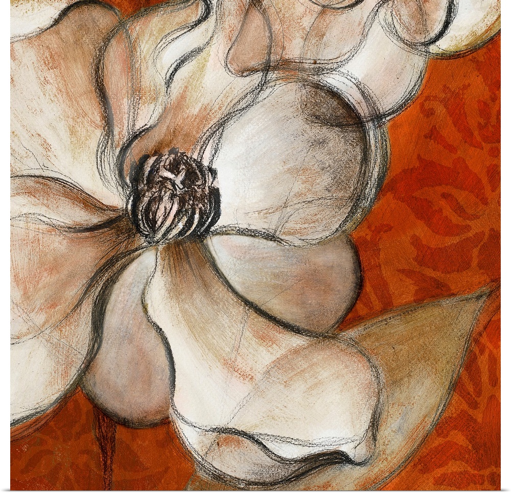 Closeup painting of a blooming magnolia flower in neutral tones against a bright background.