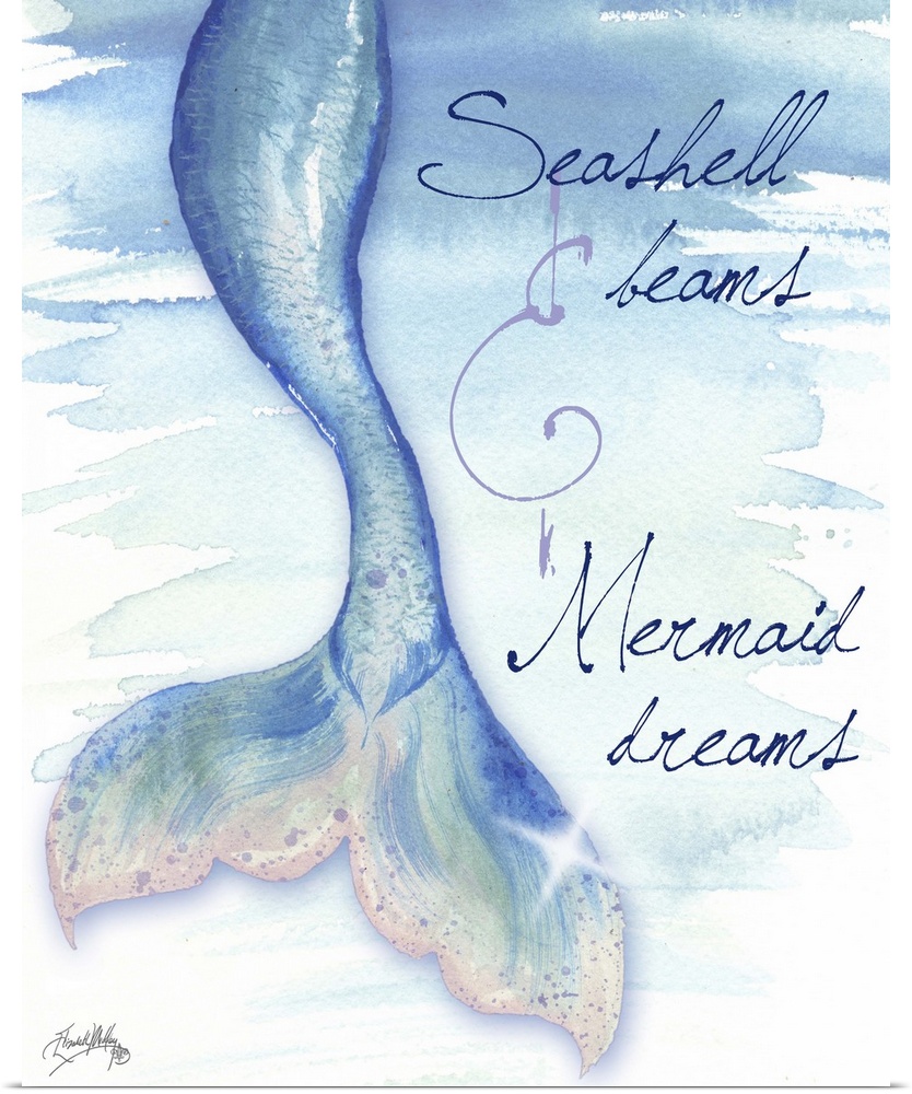 Painting of a blue mermaid tail with shining scales.