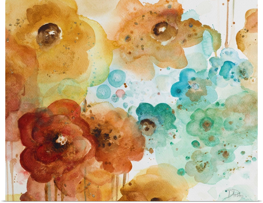 Contemporary watercolor painting of flowers, accented with splatters and drips.