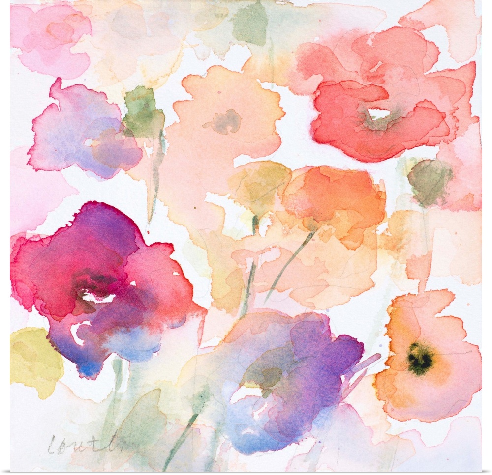 Watercolor flowers dance across this contemporary artwork in warm shades.