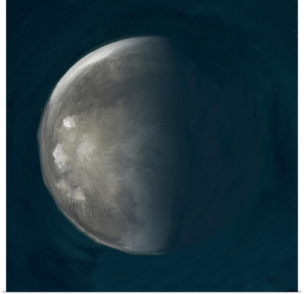 Square painting of the third phase of the moon on a deep blue background.