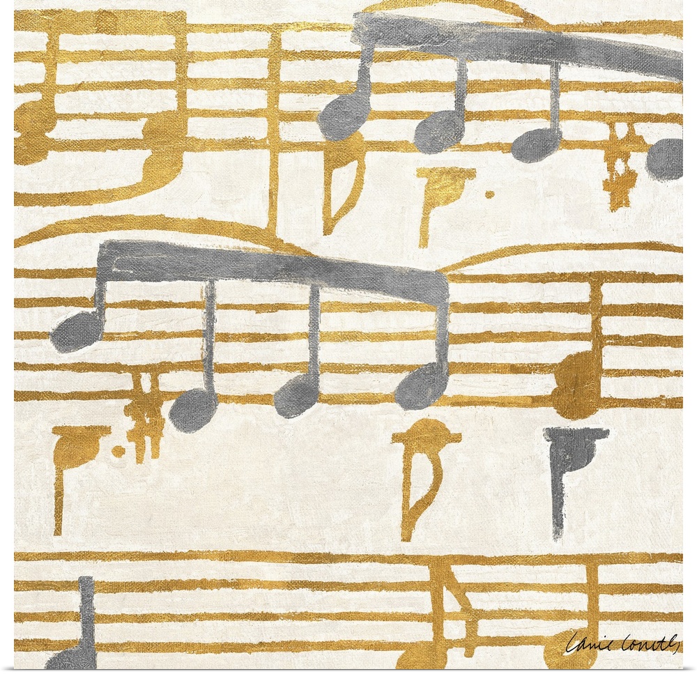 Square painting of gold and silver music stanzas.