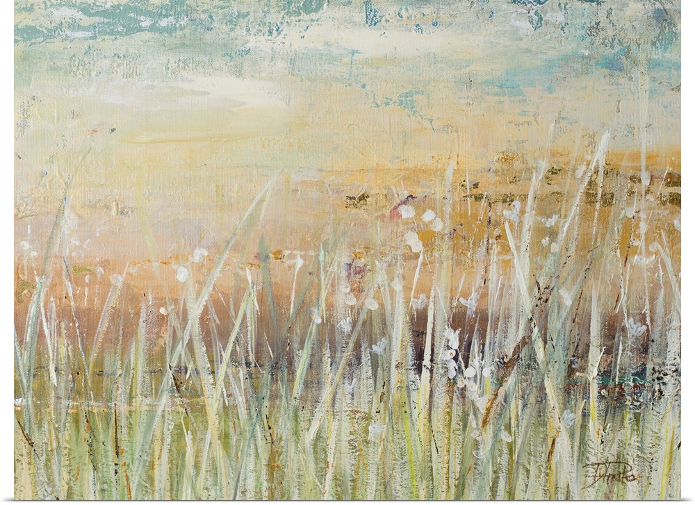 A contemporary landscape painting with pale colors and white, tall grass in the foreground.