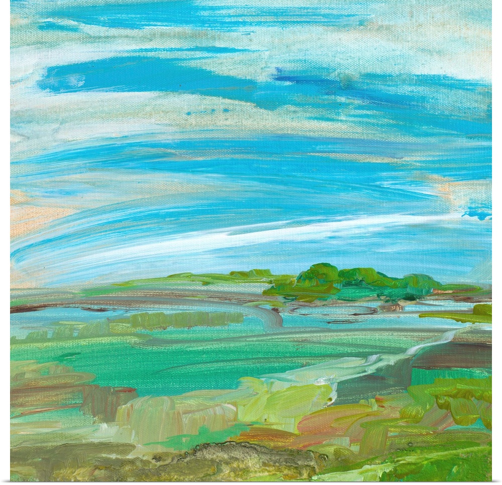 Contemporary painting of a verdant landscape under a blue sky.