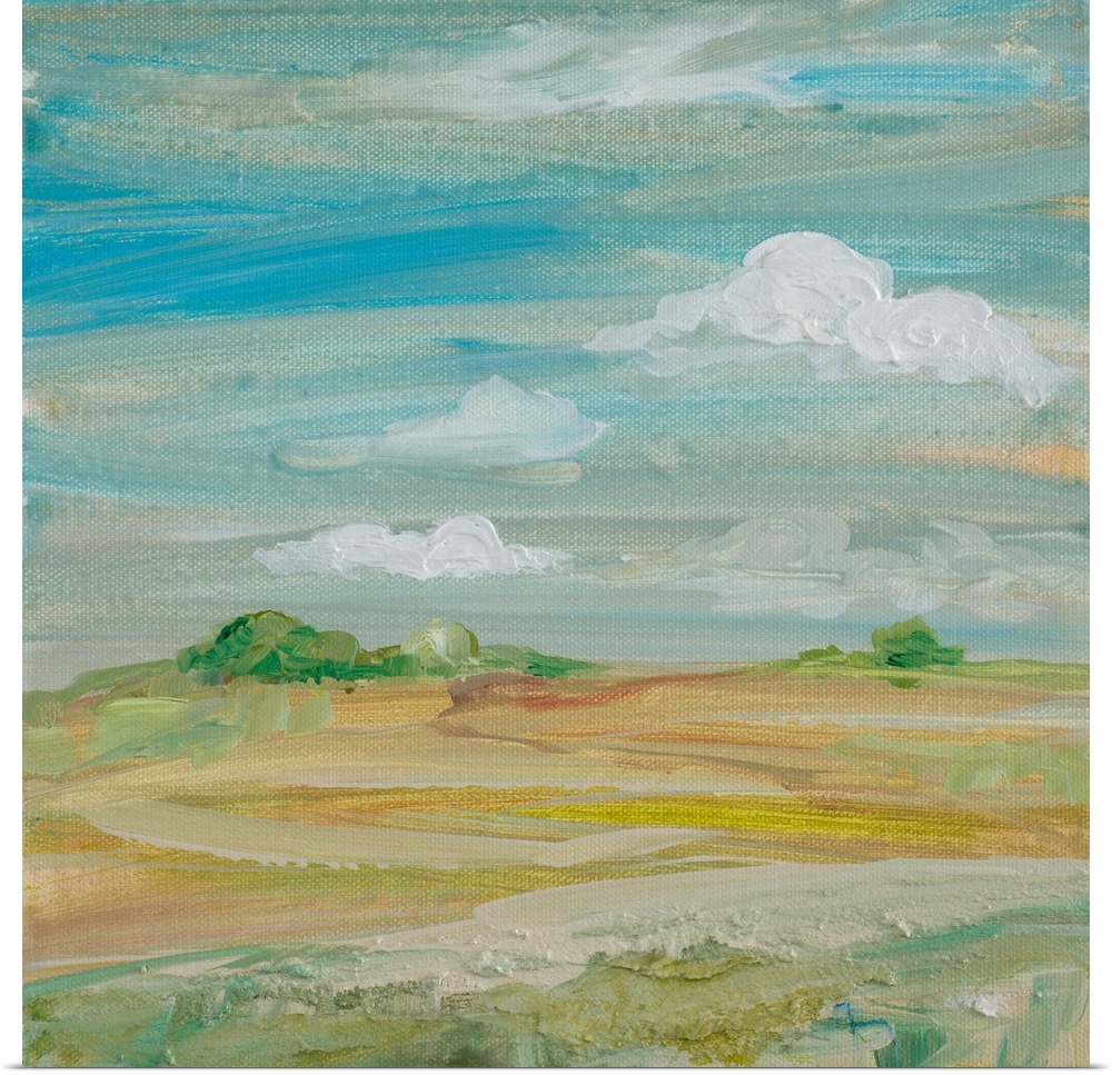 Contemporary painting of a landscape under a cloudy sky.