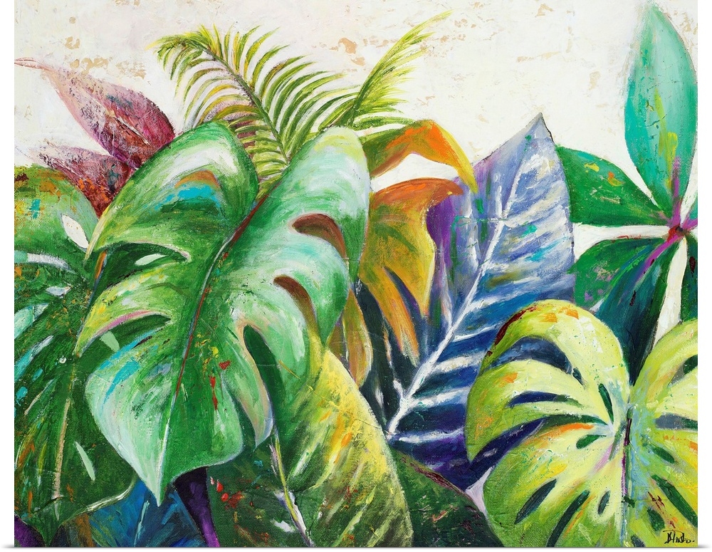 Painting of a large lush looking tropical leaves.