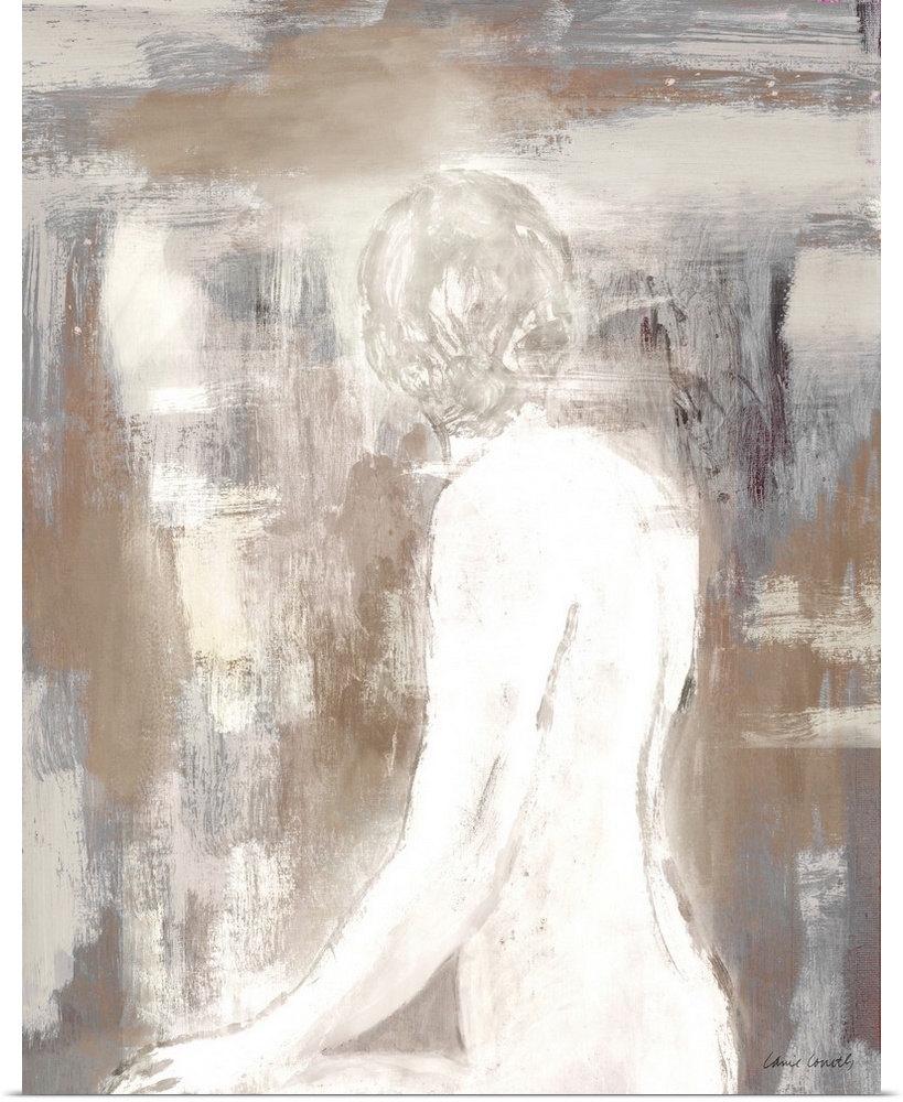 Contemporary painting of a nude figure on a textured brown background.