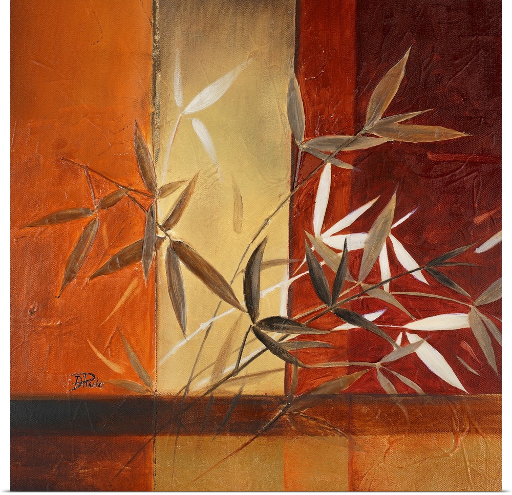 Rust-colored painting of leaves with vertical striped background.