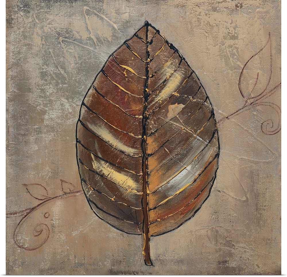 Contemporary of a mixed media brown leaf with gold color detail over a mottled green background.