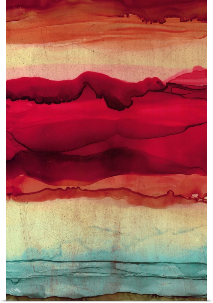 Abstract painting with orange, pink, red, and blue hues layered together to resemble mountains.
