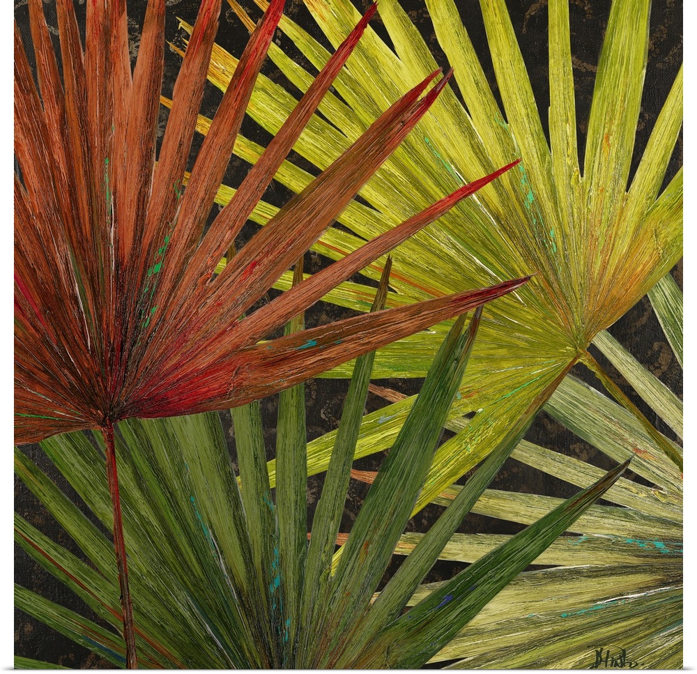 Large artwork of various colored palm tree leaves that overlap each other.