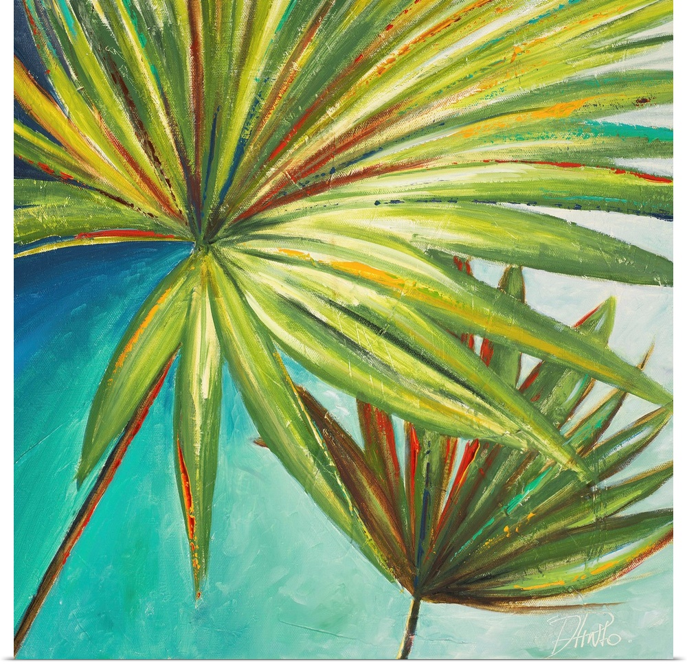 Painting of a vibrant green palm frond against a blue green background.
